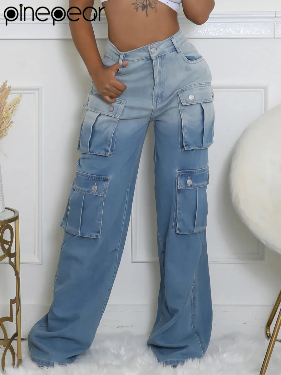 

PinePear 2025 INS Fashion Womens Cargo Jeans Y2K Gradient Color Baggy High Waisted Straight Wide Leg Denim Pants Streetwear