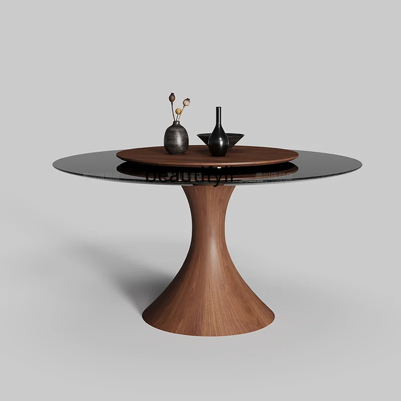 

Italian Minimalist Solid Wood Dining Table with Turntable Home Antique Style Black Natural Marble Round Table