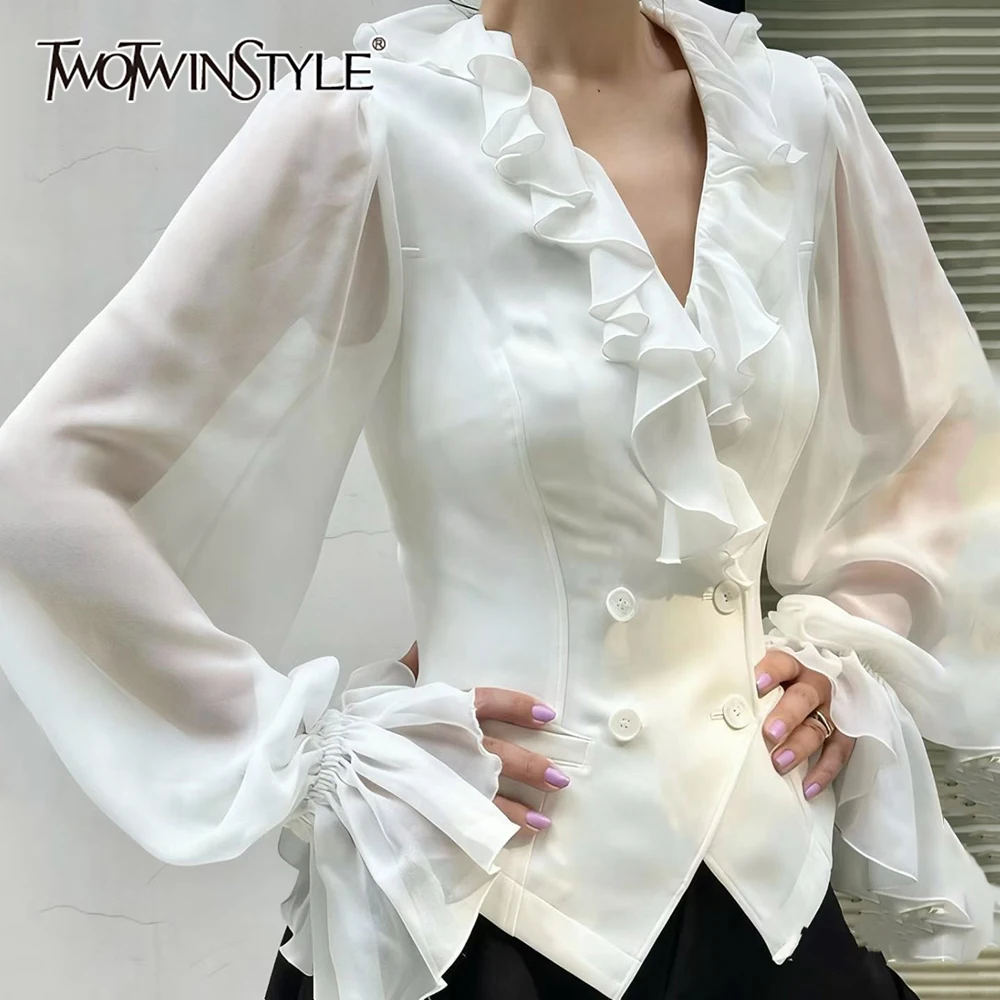 

TWOTWINSTYLE однотонная шикарная рубашка с грибком женская с v-образным вырезом и длинным рукавом свободные литературные элегантные женские рубашки осенняя мода новинка