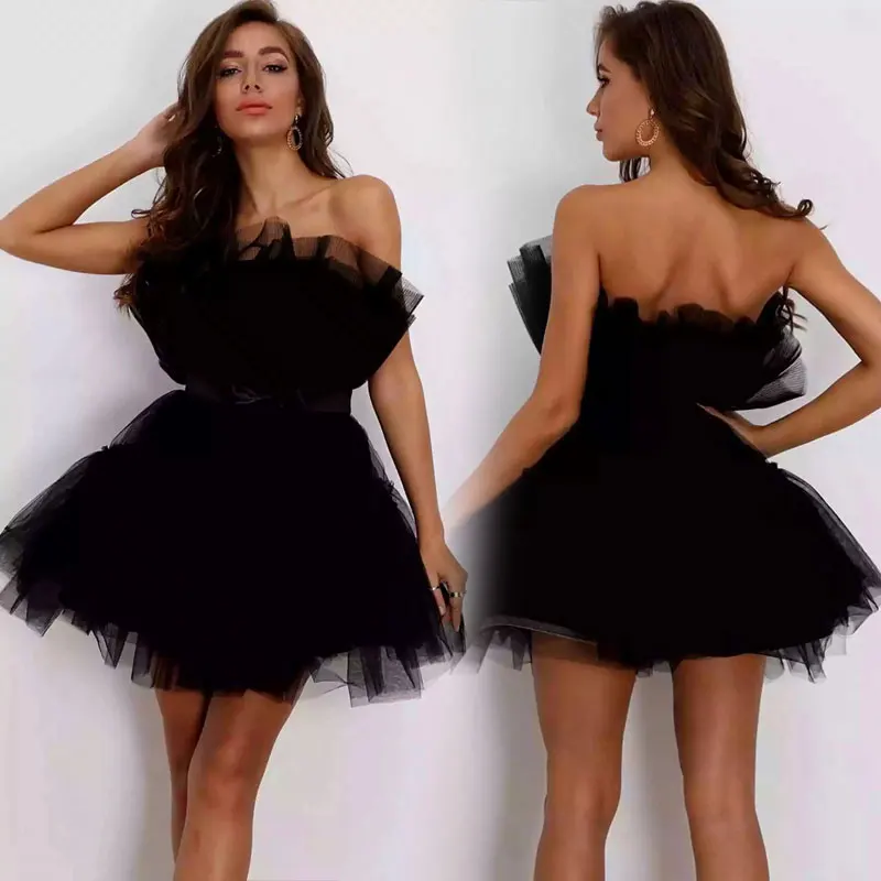 Abito da ballo estivo da donna sexy Solido elastico in vita senza maniche a fascia in filato netto Elegante abito soffice con fiocco Nuovo