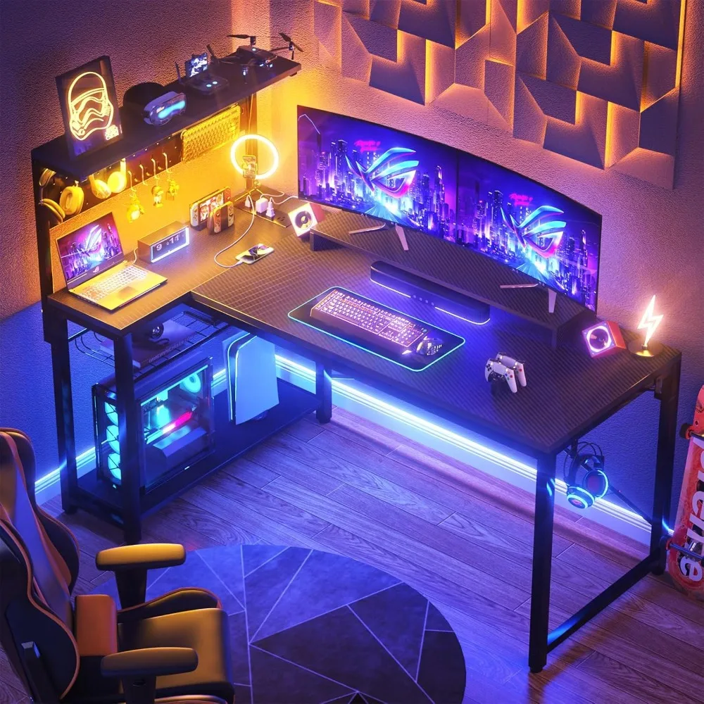 

Small Gaming Desk with Power Outlets Pegboard LED Light, 51 Inch L Shaped Computer Desk with Monitor Stand Storage Shelves, Rev