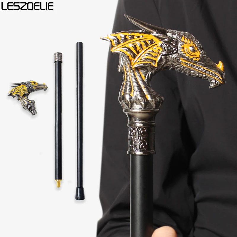 92cm Antique Silver with Yellow Adorn Luxury Dragon Head Walking Stick Men and Women Fashionable Decorative Cane Party Cosplay