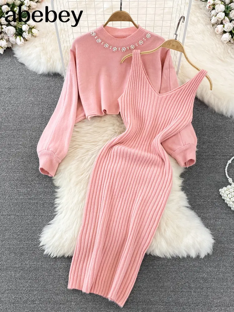 2022 Beading Knitted Women Sets Loose Long Sleeves Sweater+ Solid Elastic Dress French Style Casual Two Piece Set