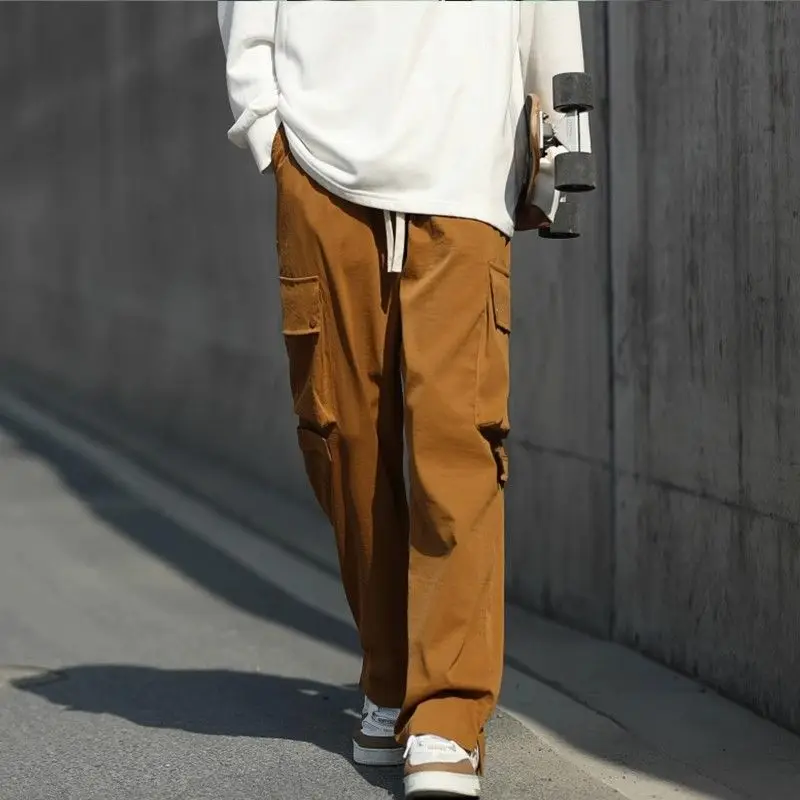 Spring Autumn Fashion Elastic Waist Solid Color Casual Men's Clothing Straight Loose Pocket High Waist Drawstring Cargo Pants