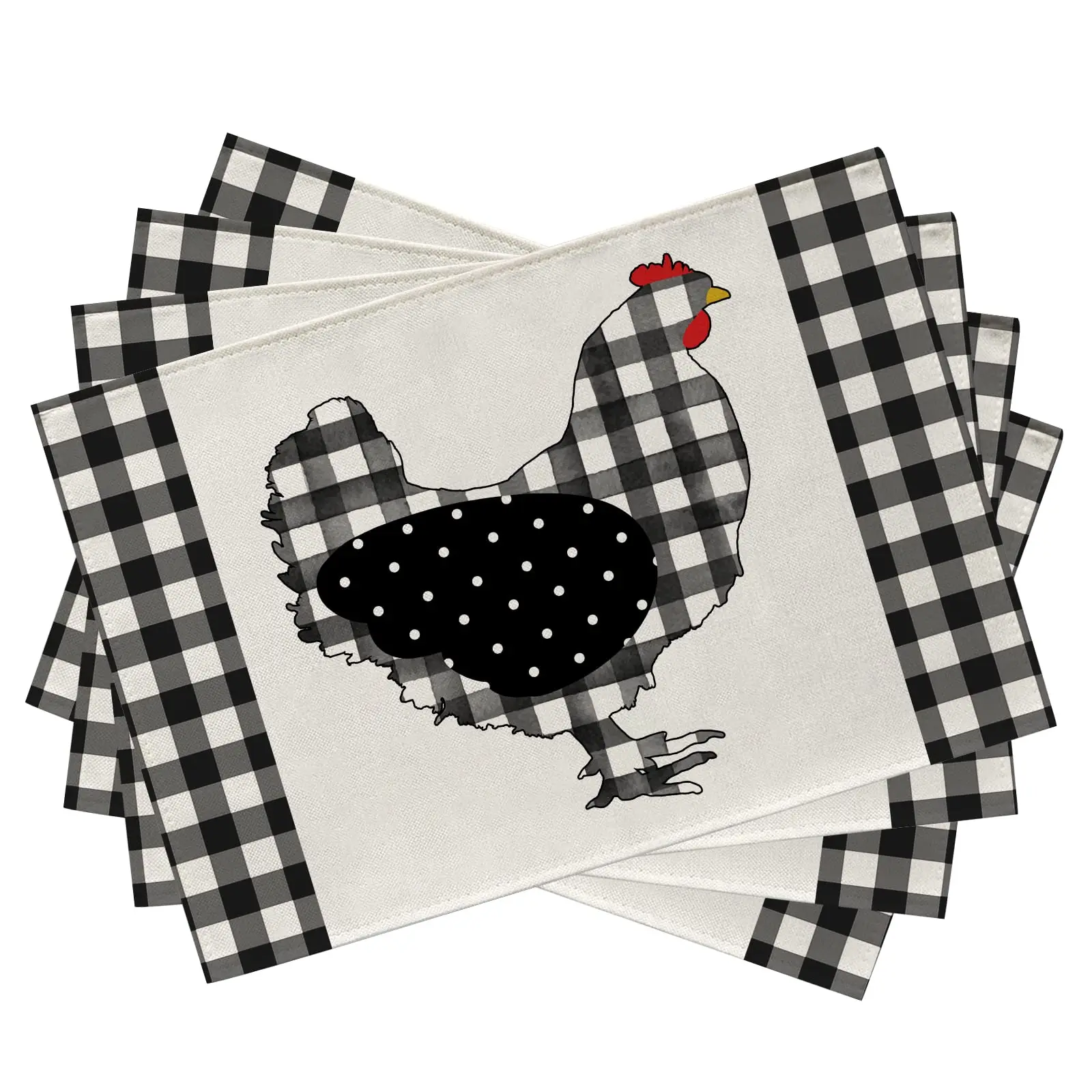 Farm Chicken Hen Animal Placemats Set of 4, Black White Buffalo Check Plaid Farmhouse Chick Dining Table Place Mats,12 x 18 Inch