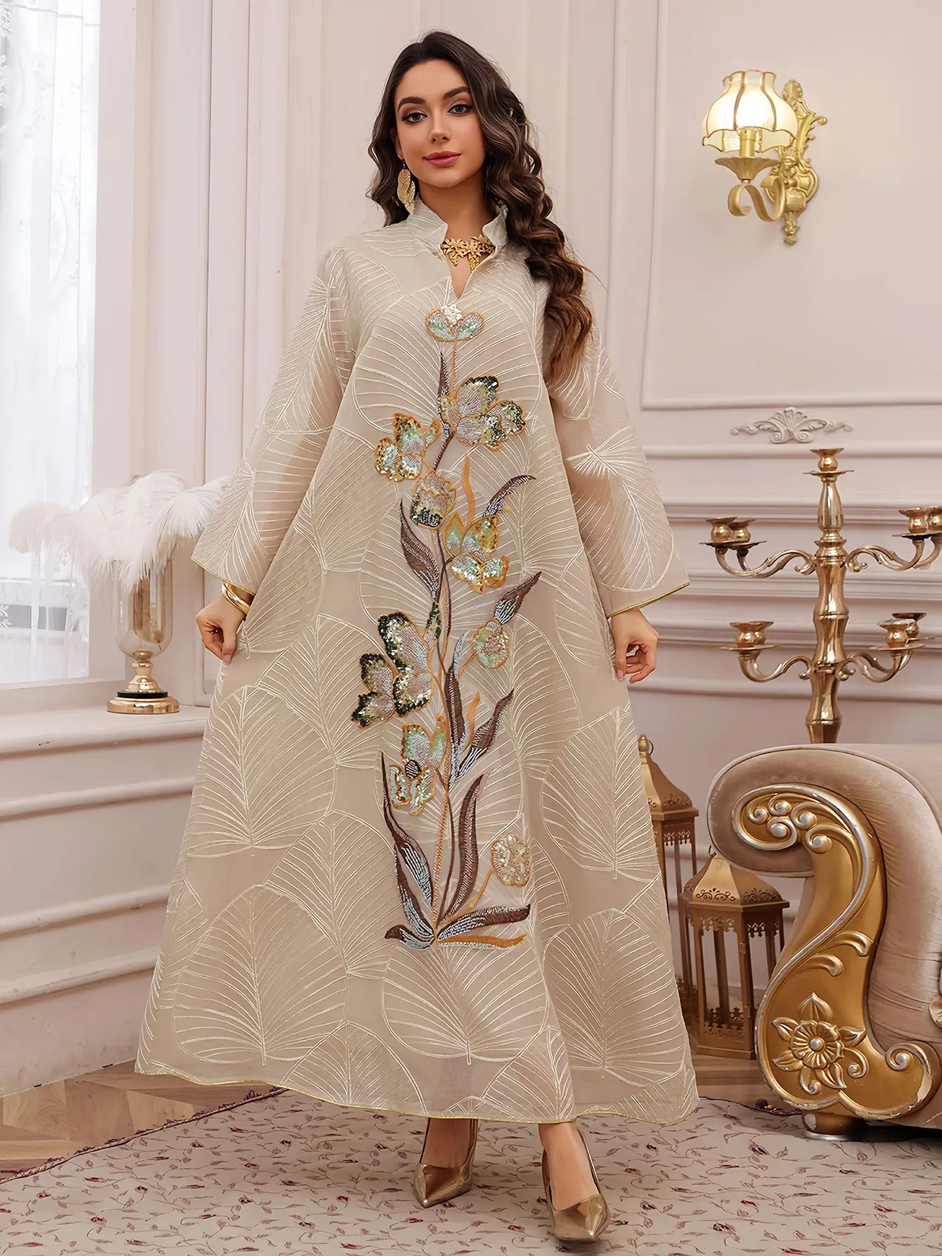 Muslim Abaya Light Blue Base Exquisite Sequin Embroidery Floral Detailing on Leaf Print Pattern for Dubai Evening Parties Islam