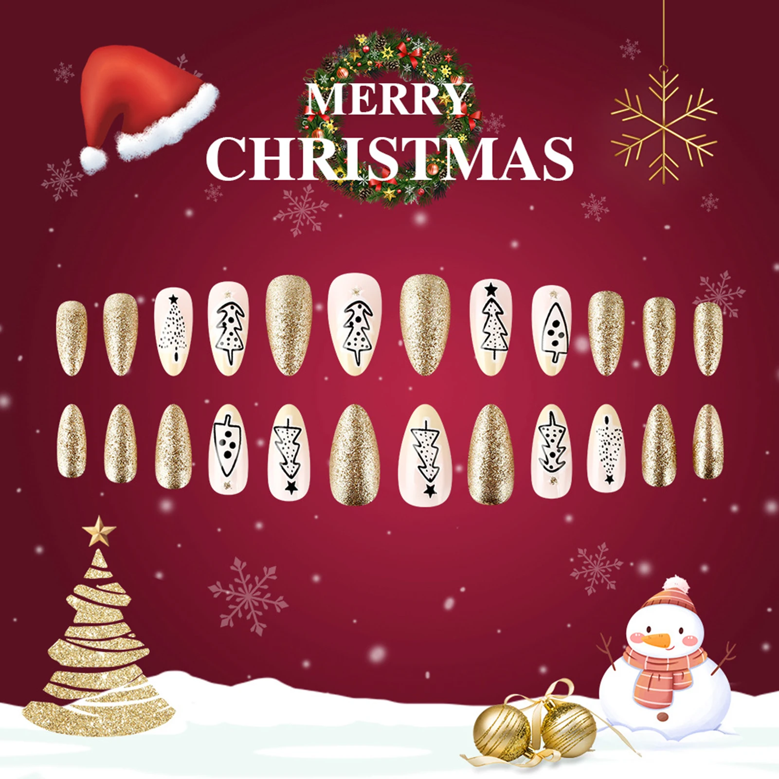光沢のあるゴールドスパンコールアーモンドフェイクネイル 24 個クリスマスパーティープレスオンネイルクリスマスツリー/スタープリント新年パーティーチャームマニキュア