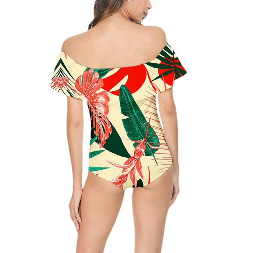 Banana Leaves Women's Off Shoulder One Piece Swimsuits Vitality Color Swimwear Flounce Ruffled Bathing Suit Sexy Backless Bikini