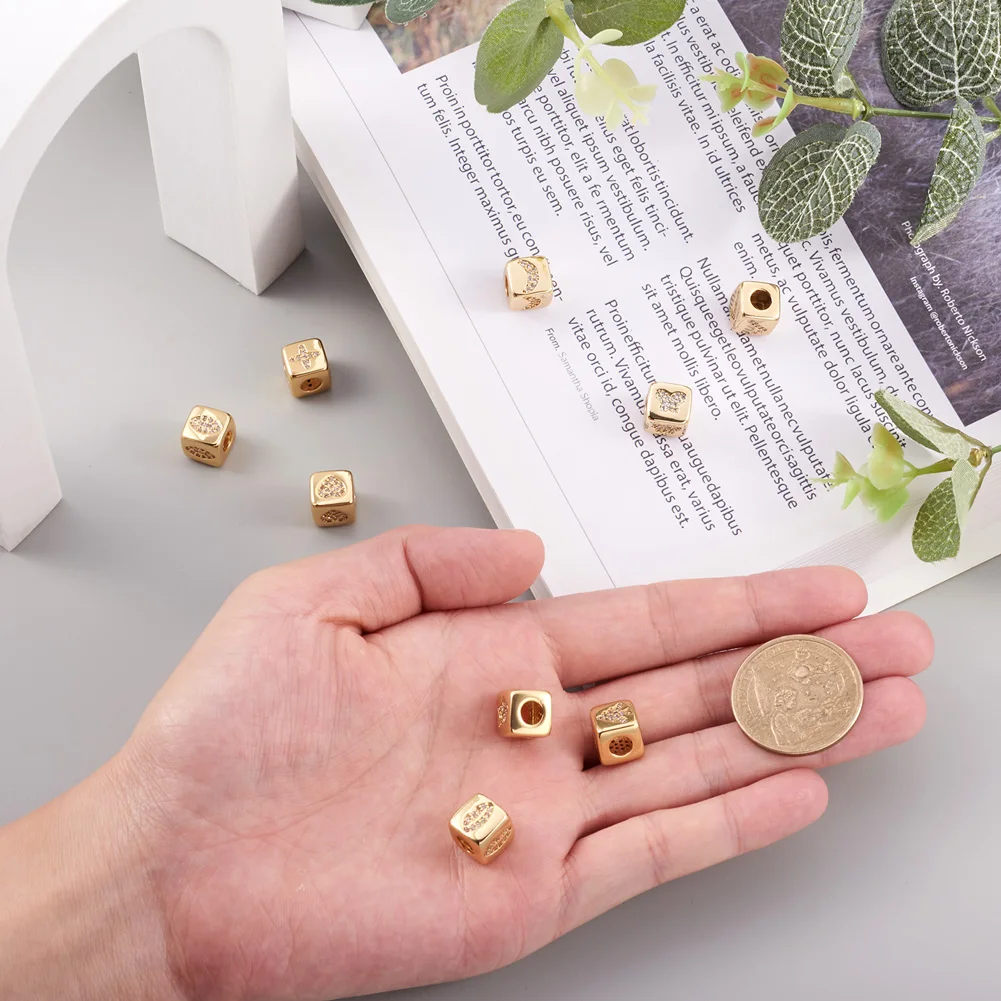 Brass Cube with Star Heart Pattern Beads Micro Cubic Zirconia Paved Large Hole Long-Lasting Plated Beads For Jewelry Making