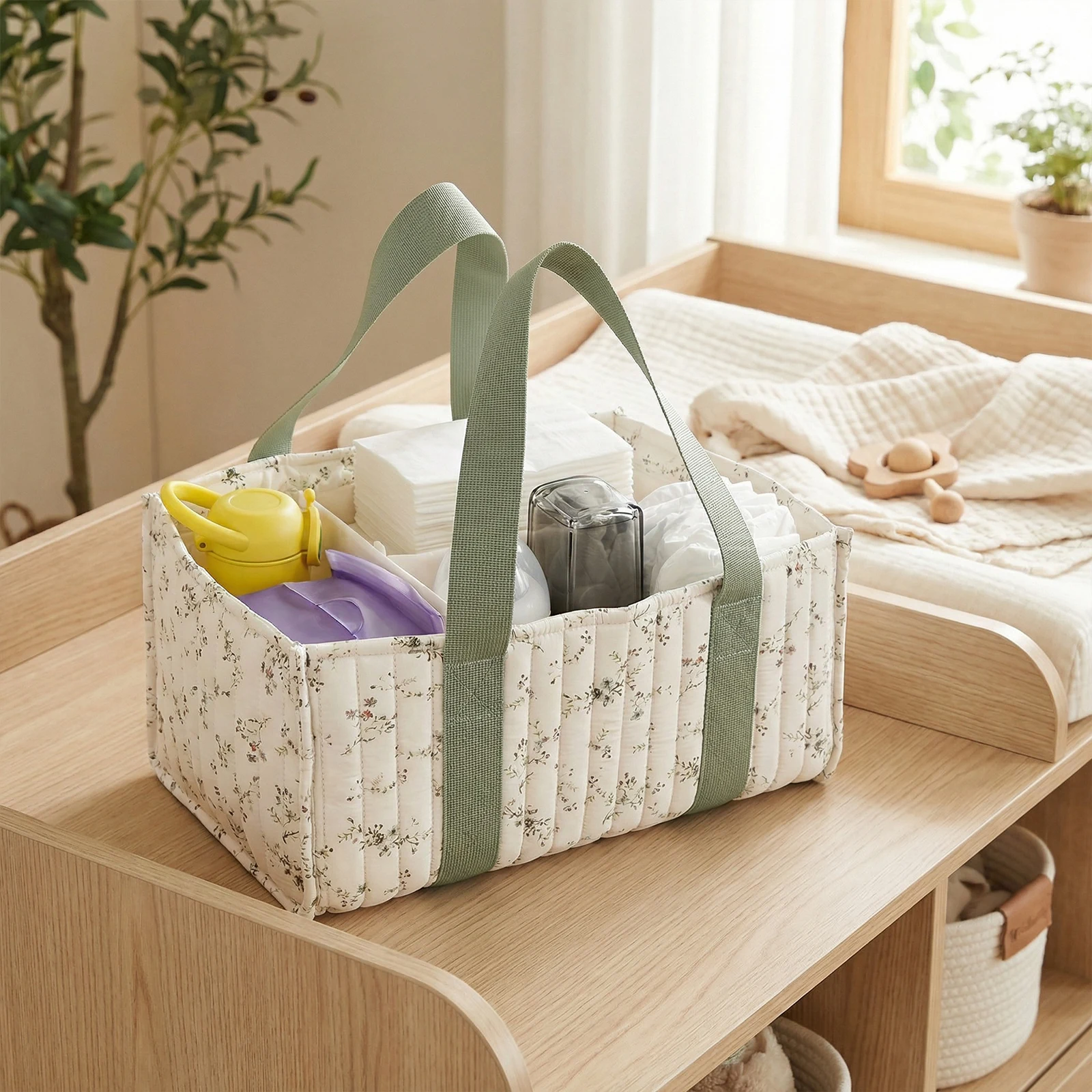 Nappy Caddy Bag with Handle Stylish Floral Diaper Basket with Removable Partition Babies Shower Gifts Basket for and Girl
