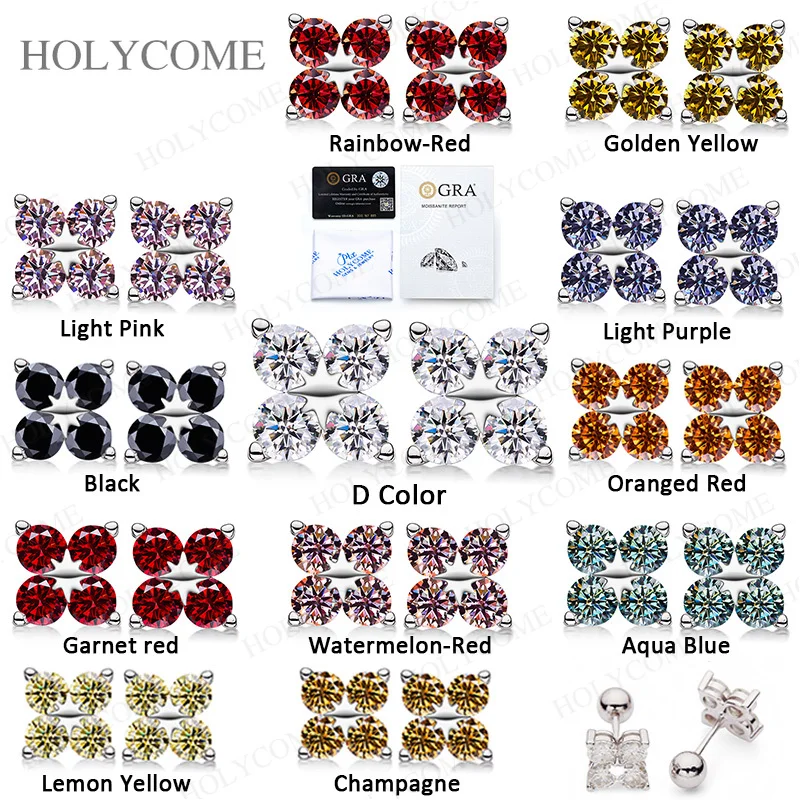 

925 Silver 4-Prong Set Moissanite Earrings Round Cut D Color GRA Certified Multicolor Fine Jewelry Daily Wear for Women