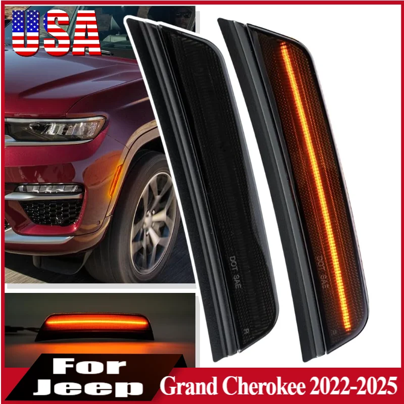 

2pcs LED Side Marker Lights For Jeep Grand Cherokee L/WL 2021-2025 Car Fender Liner Side Marker Amber Turn Signal Indicator Lamp