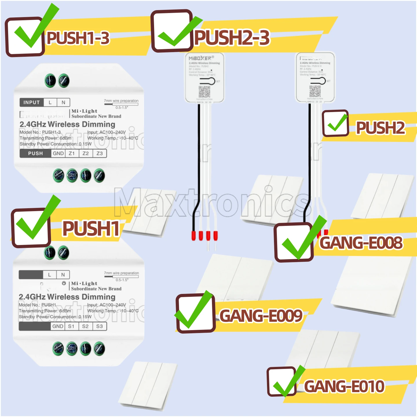

PUSH1-3 PUSH2-3 НОВЫЙ MiBoxer 2,4 ГГц с беспроводным затемнением, 3-зонный светодиодный контроллер лампы, AC100-240 В, двойной белый PUSH-переключатель, пульт дистанционного управления