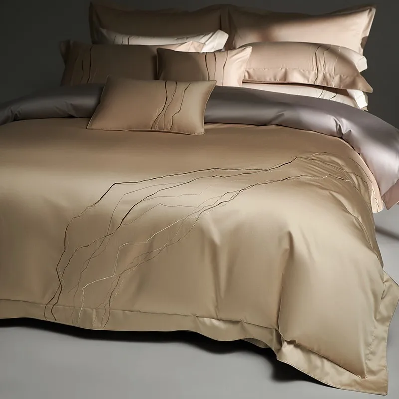 Champagne Gold Chic Embroidery Luxury 1400TC Egyptian Cotton Bedding Texture Silky Soft Comfy Duvet Cover Bed Sheet Pillowcases