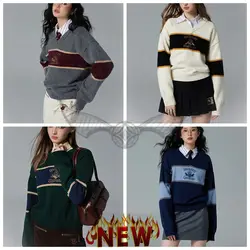 Suéter de punto a rayas con bordado de Harry Potter, suéter de Hermione Gryffindor con cuello en V, Top versátil dulce, regalo de otoño e invierno, 2024