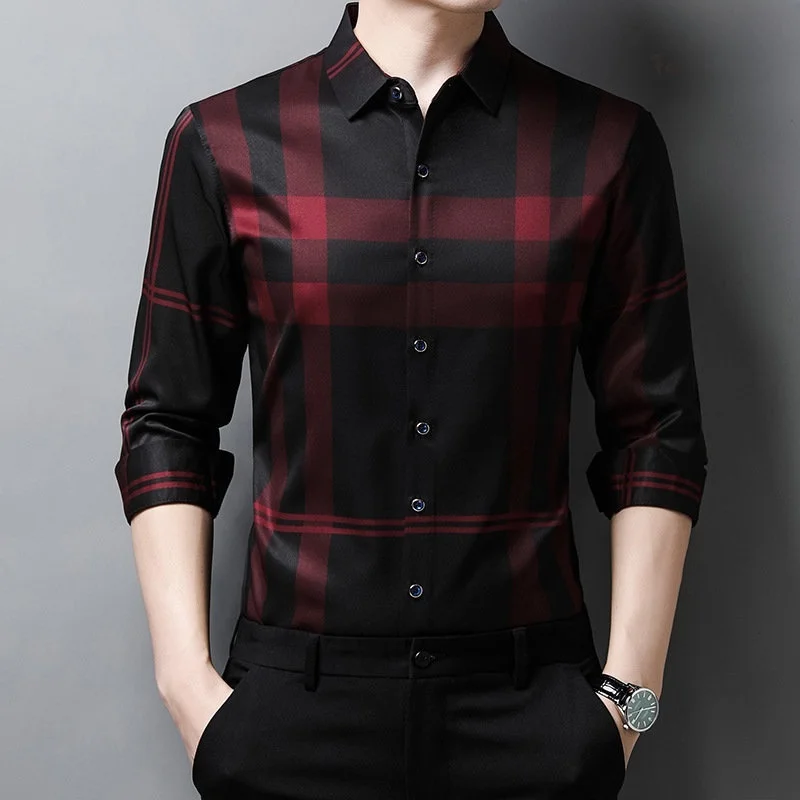 Men's Plaid Check Shirt Casual Comfortable Long Sleeve PU Leather Thickened Fleece Inner Four Seasons Wear Cleanfit Style POL...