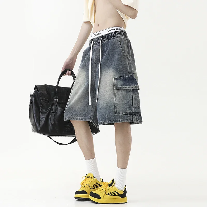 

Korean Summer Mens Oversized Denim Shorts Elastic Waist Fashion Baggy Knee-length Cargo Shorts Streetwear Casual Short Jeans ﻿