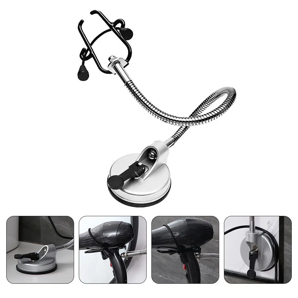 Hands Free Hair Dryer Holder Stand with Ultra Strong Suction Disc 360 Rotation Flexible Goose Neck Stainless Steel Rubber