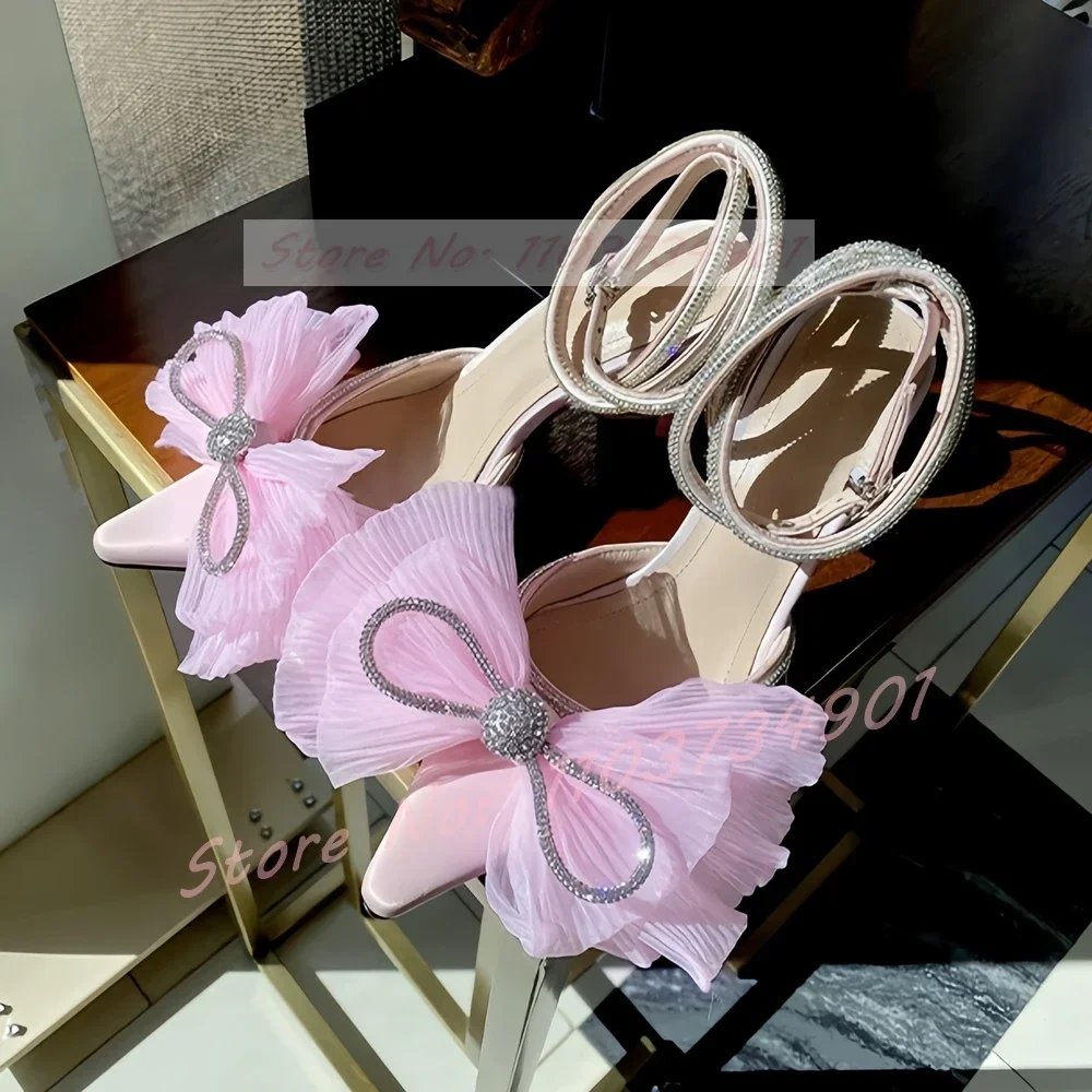 Pink Mesh Butterfly-knot Sandals Female Sweet Crystals Cross Strap Pointed Toe High Heels Shoes Women Party Elegant Sandals
