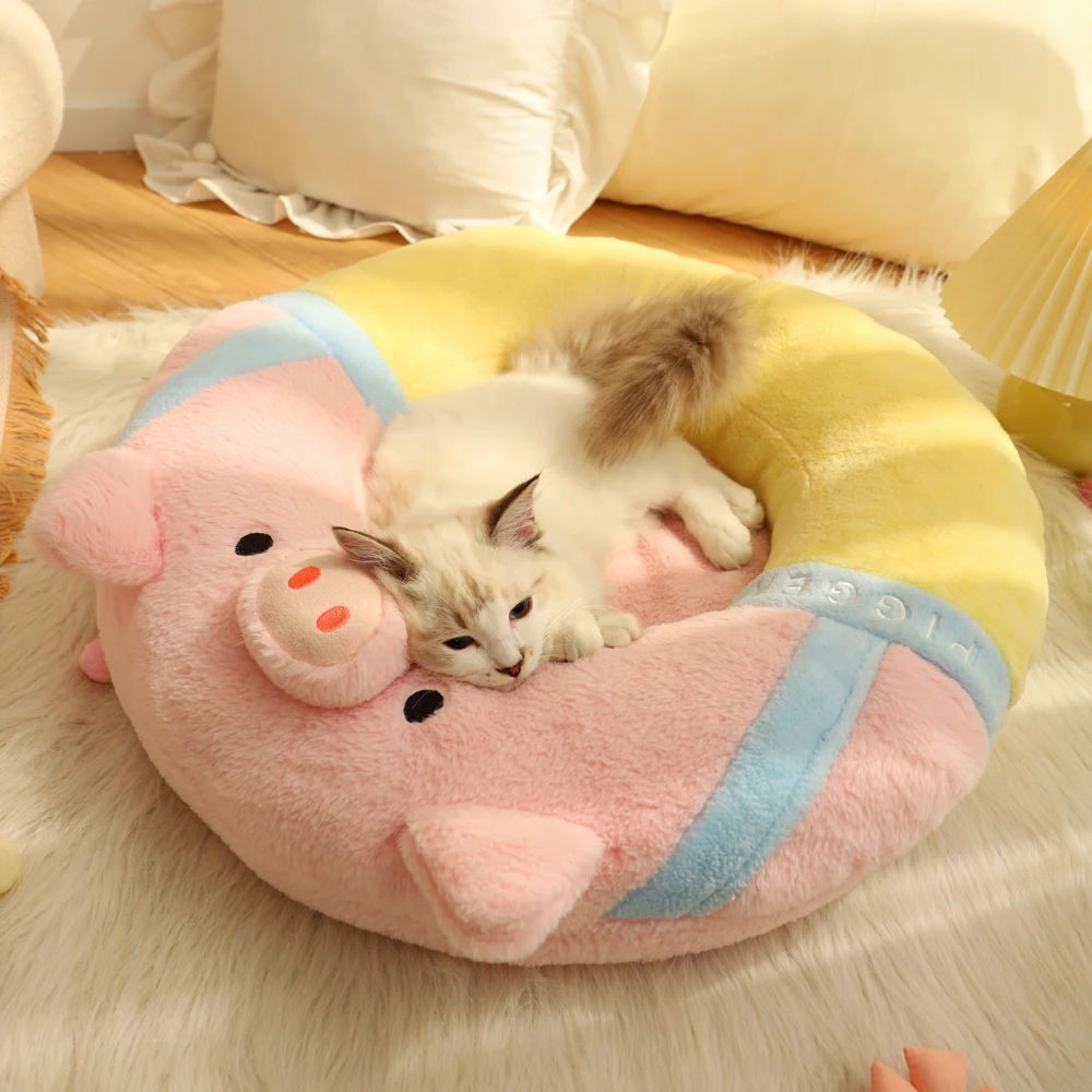 Four Seasons Pink Pig Shap House for Cats Puppy Round Cat Beds Donut Cat Litter Dog Basket Animals Sleeping Sofa Pet Supplies