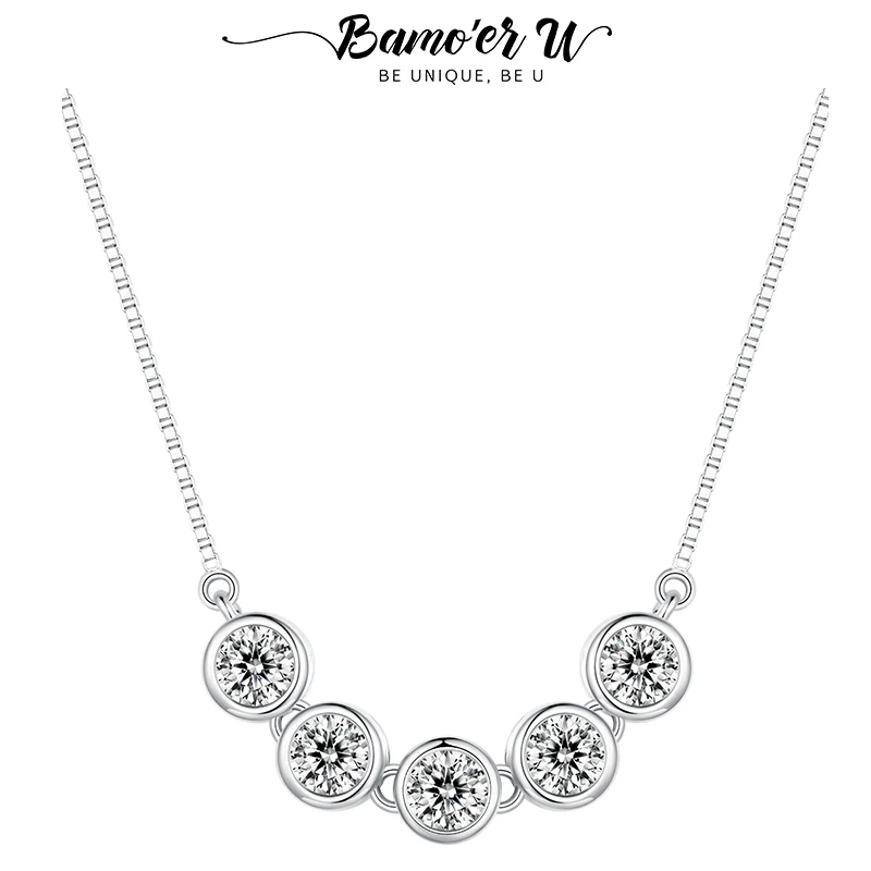 Bamoer U 1.5CT Moissanite Pendant Necklace 5 Stones In Row Neck Chain 925 Sterling Silver For Women Wedding Exquisite Jewelry