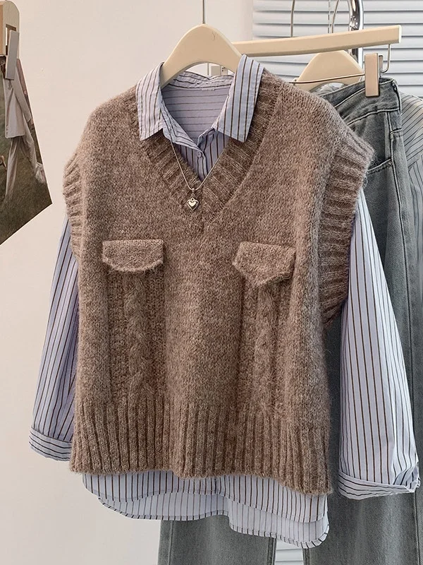 

Женский вязаный жилет большого размера, повседневный, универсальный, стройнящий, для многослойных образов, осенне-зимний, модный, больших размеров