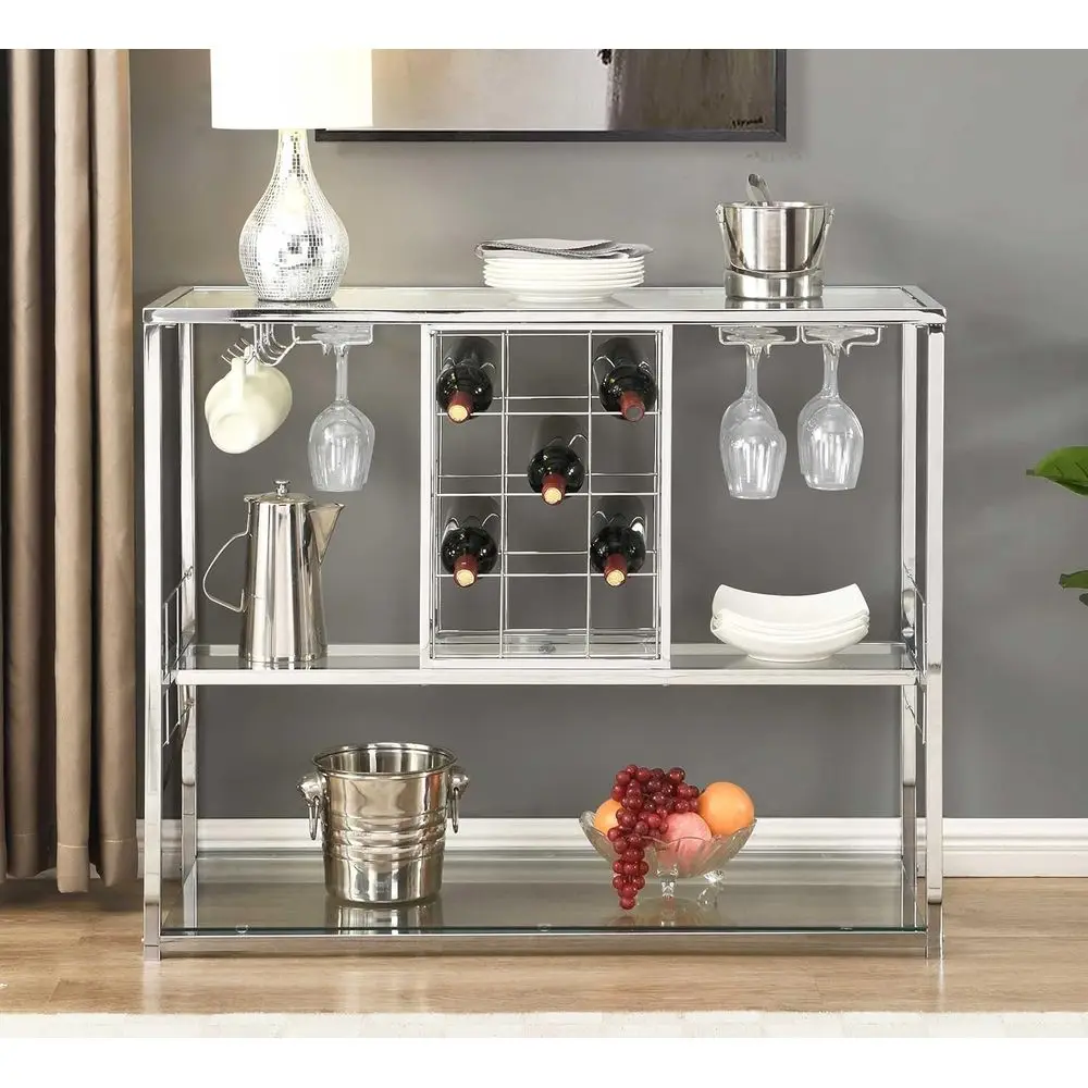 

3-Tier Tempered Glass Wine Rack Table, Silver Finish, Storage & Wine Bar for Living Room, Kitchen, Dining Room
