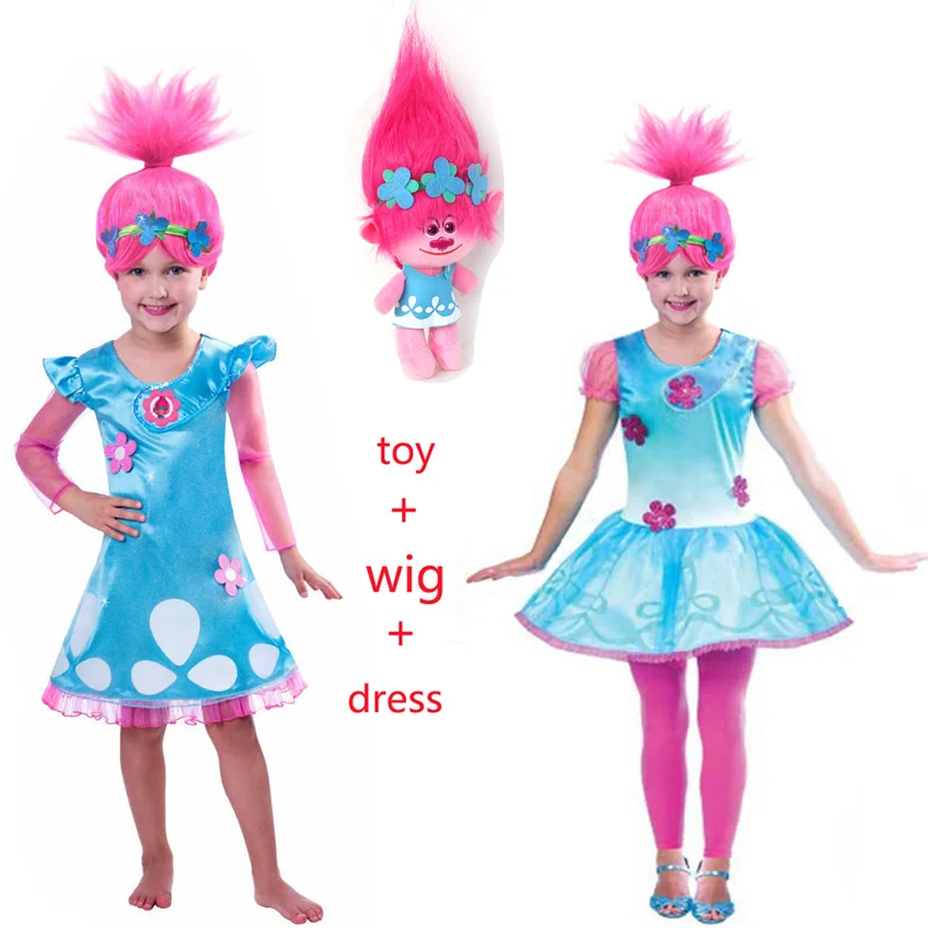 

New Baby girls Cartoon Trolls Poppy Dress wig and toy Summer Children Girl Halloween carnival Cosplay costume Princess Dresses