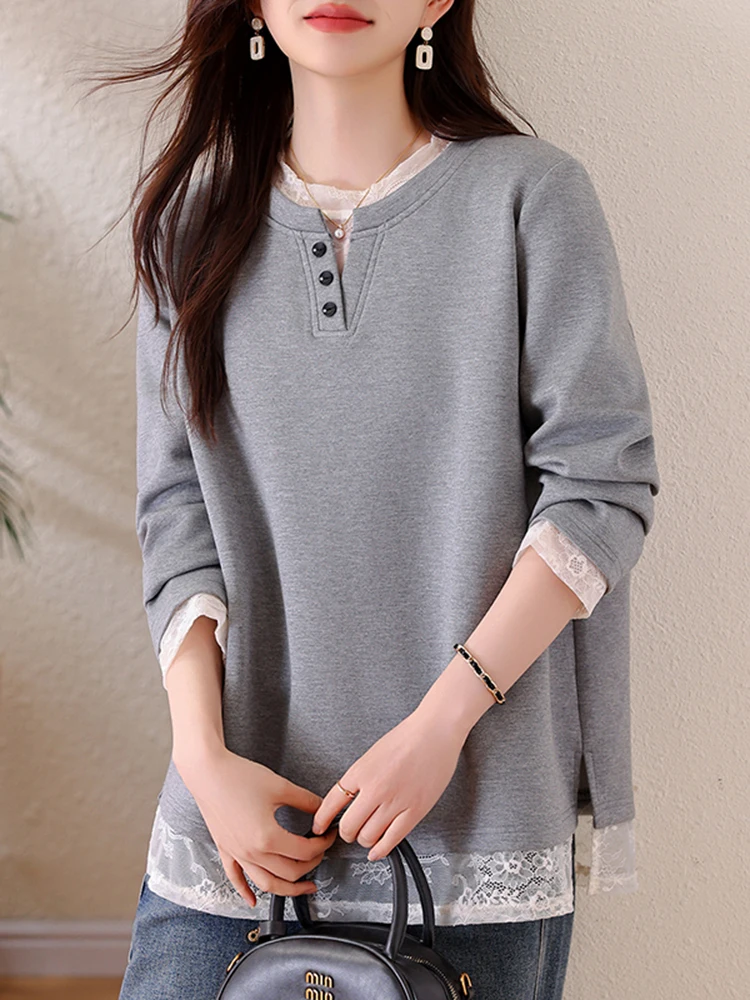 Camiseta Feminina Casual de Primavera 2026 com Efeito Emagrecedor, Renda, Manga Longa, Caimento Solto e Versátil