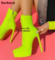 Surkova Neon Yellow Pink Satin Fabric Stiletto Heel Ankle Boots Platform Pointed Toe Lace-up Short Booties Elegant Dress Shoes
