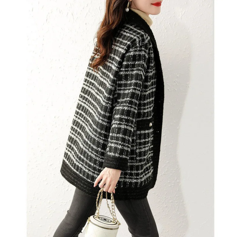 Women Wool Coat Plaid Print Thick Midi Blends Button Turn Down Collar Casual Jackets Pocket Elegant Lady Autumn Winter