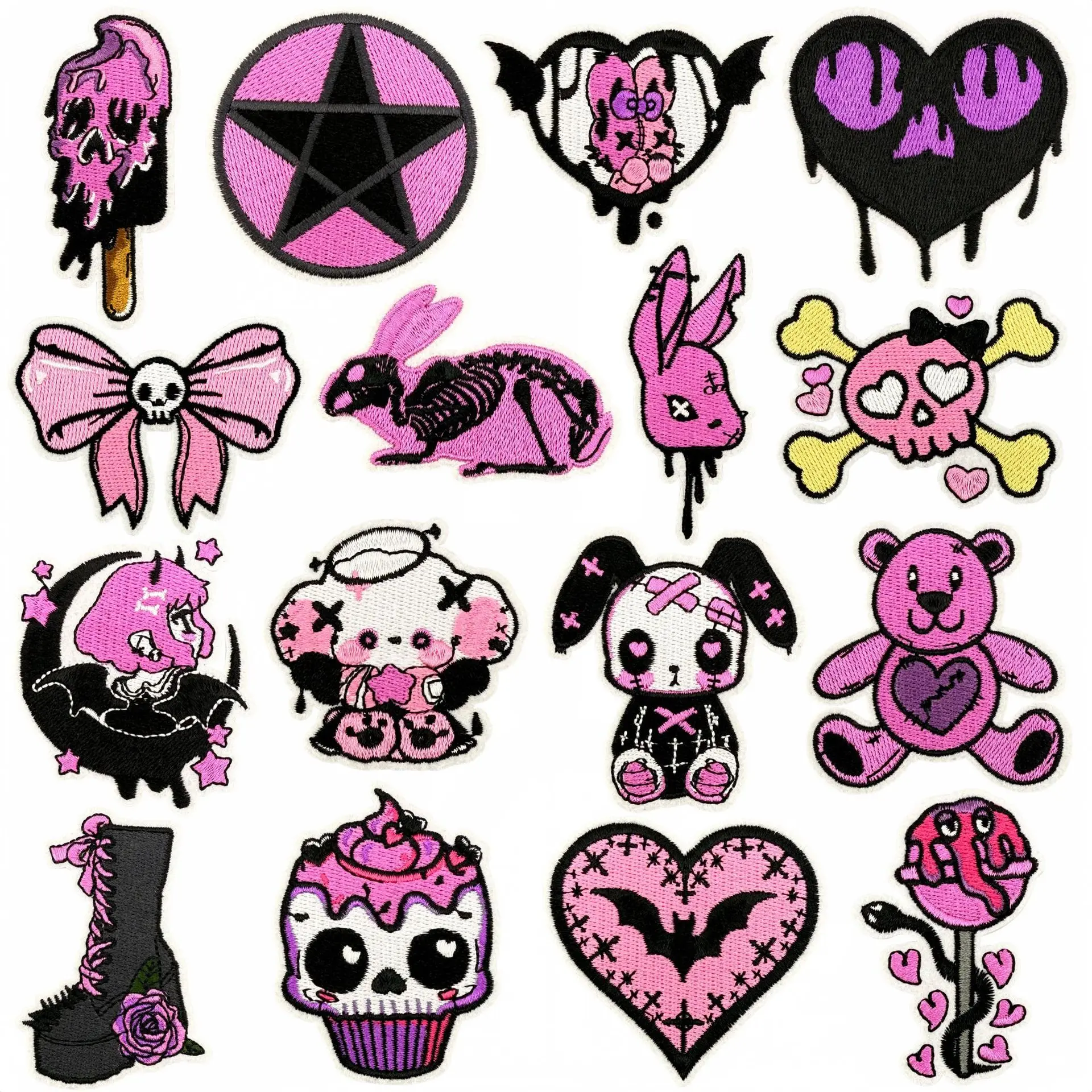 Nouvelle broderie de style gothique, patch en tissu rose foncé, accessoire de décoration brodé, étiquette thermocollante