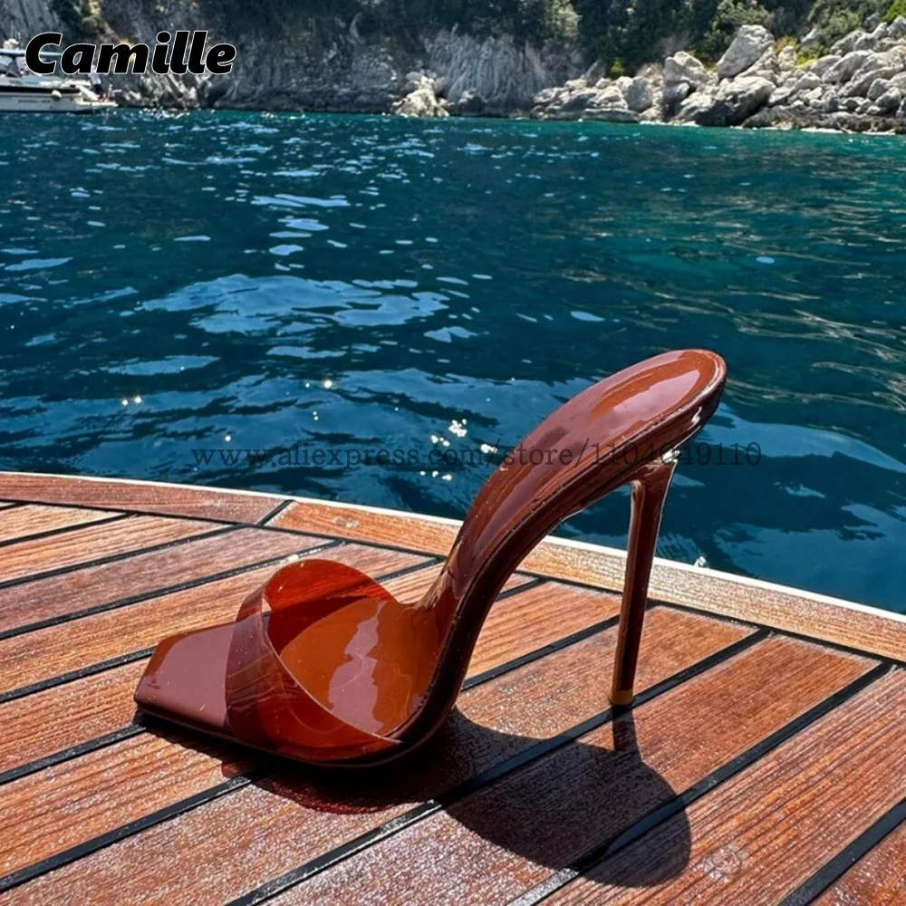 

Reddish Brown One Word Belt Sexy Stiletto High Heels Glossy Translucent Sexy Party Sandals Large Size Open Toe 12CM Heel Shoes