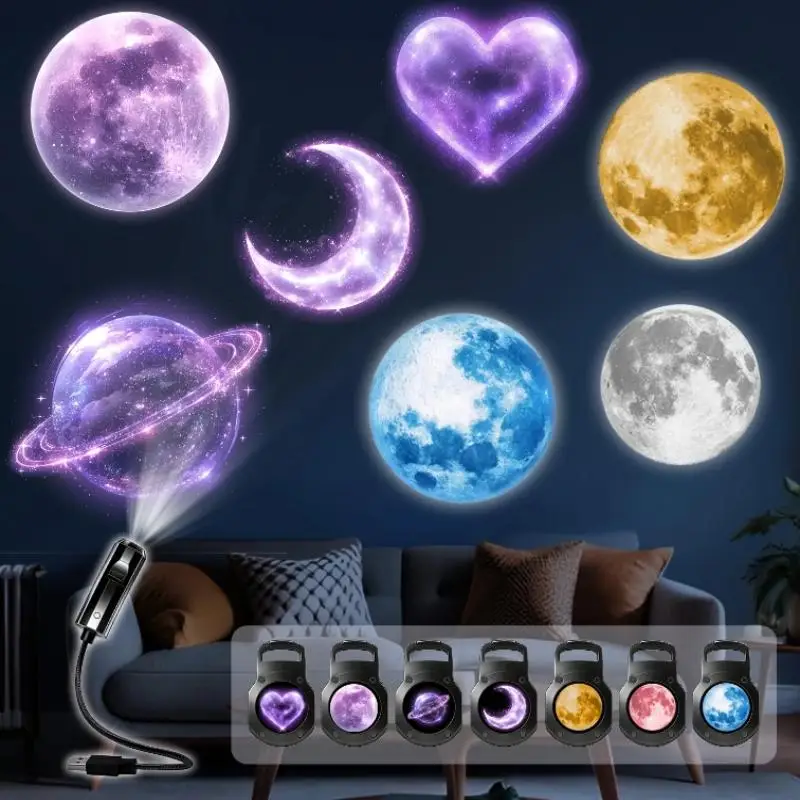 Seven Themed USB Projection Ceiling Atmosphere Lights Including Planet/Crescent Moon Patterns Suitable For Bedroom Living Room