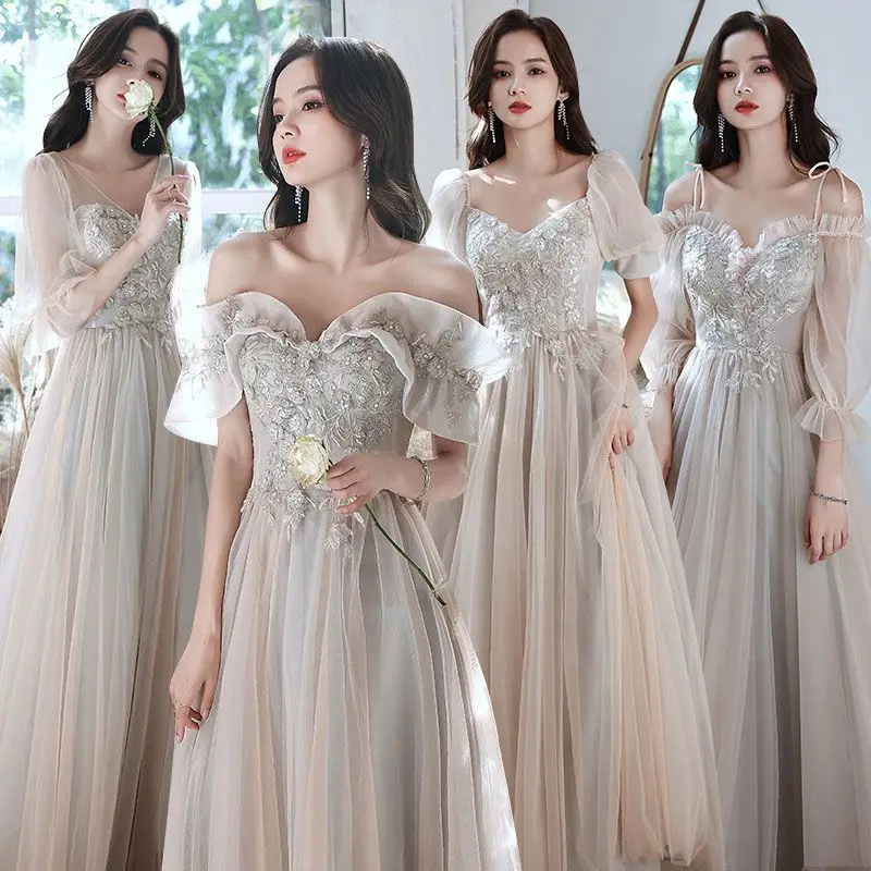 Long Bridesmaid Dress 2023 New Grey  Embroidered Tulle A-Line Formal Banquet Gown Simple Elegant Wedding Sisters Group Dresses