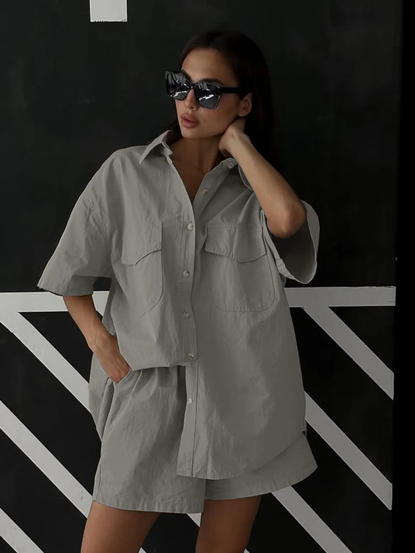 Marthaqiqi Loose Summer Ladies Sleepwear Suit Half Sleeve Nightgowns Turn-Down Collar Nightwear Shorts Cotton Female Pajamas Set