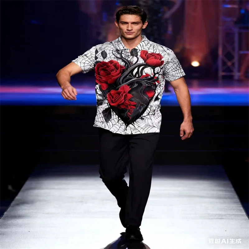 

Creative Art Red Roses Growing Out of Black Heart Printing Short Sleeve Polo Creative Art Romantic Red Rose Casual Printing Shor