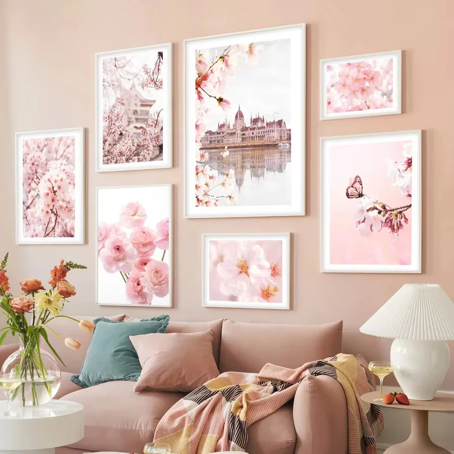 Pink Japanese Sakura Peony Landscape Flower Orchid Posters Prints Canvas Painting Nordic Wall Art Pictures for Living Room Decor