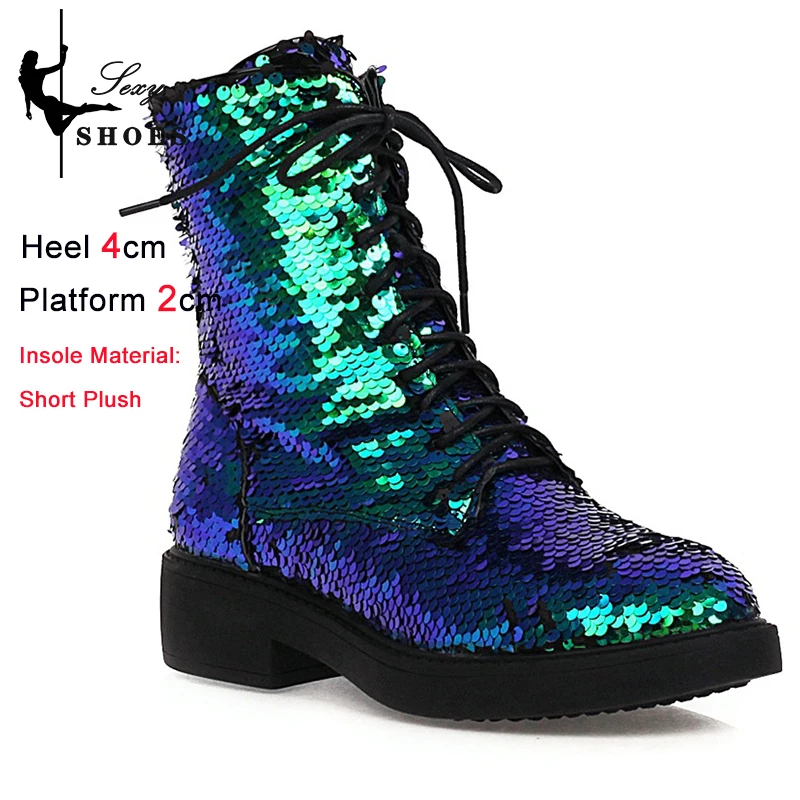 Short Plush Autumn Winter Women Ankle Boots Low Heel Round Toe Zipper Short Boots Discoloration Sequined Cloth Multi-Color Shoes