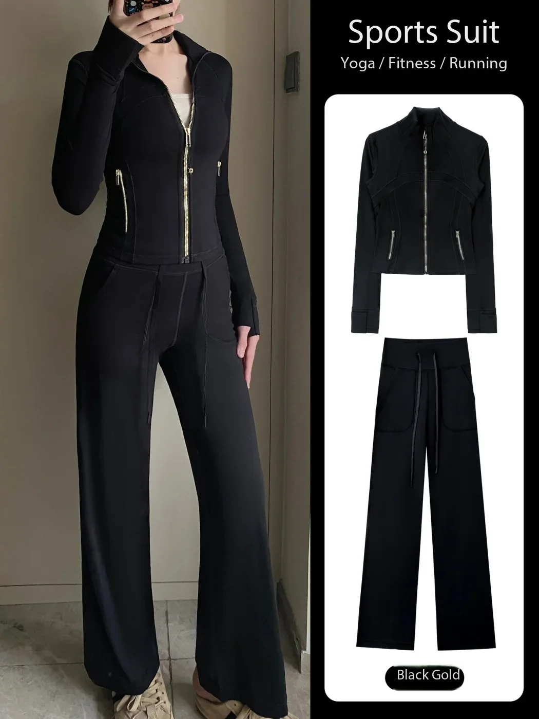 Lemon Fitness Set Yoga Sports Short Jacket Loose Yoga High Waist Drawstring Wide Leg Pants Running Workout Coat Sportswear Suits