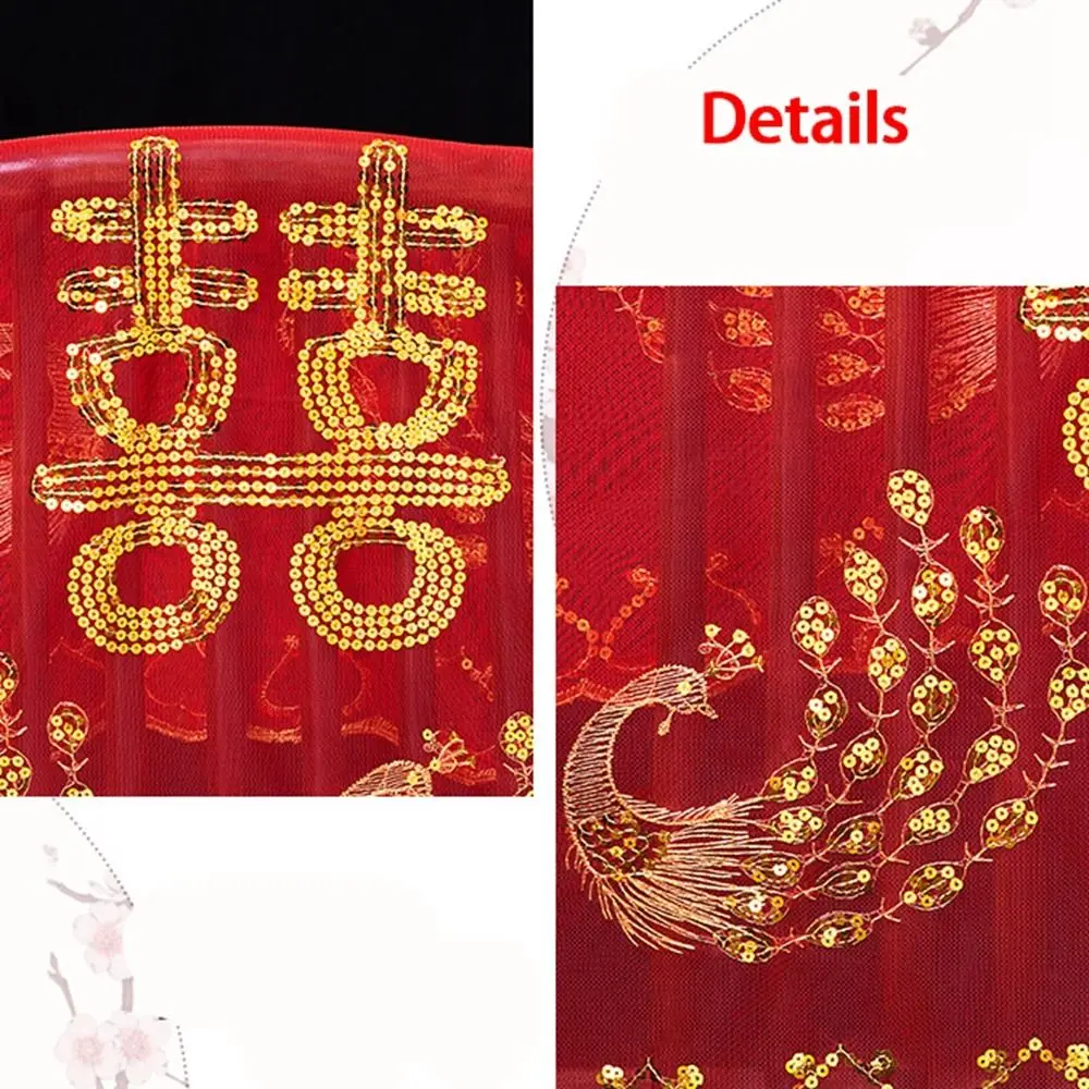 フェニックスウェディングアクセサリー 刺繍入り古代風タッセル付き赤いベール ブライダルヘッドウェア 中国風ウェディングヘッドウェア レースベール 花嫁ベール