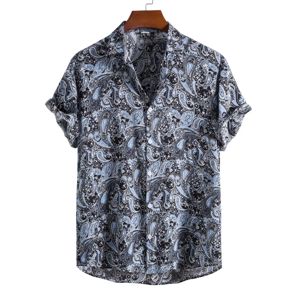 Chemise en mélange de coton ethnique pour hommes, pied-de-poule, imprimé à carreaux, revers, manches courtes, streetwear d'été, loisirs