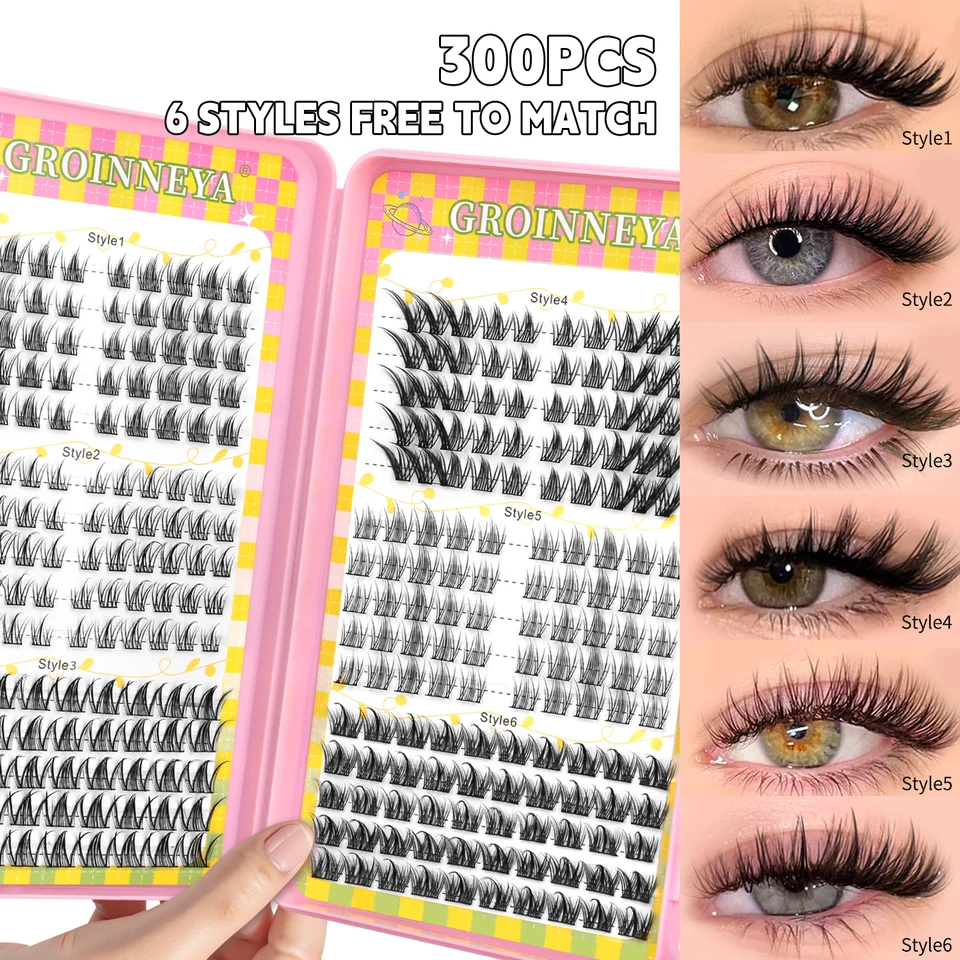 GROINNEYA Racimos de Pestañas 320 pcs Naturales Extensiones Volumen Mezcla Bandeja Racimos Naturales
