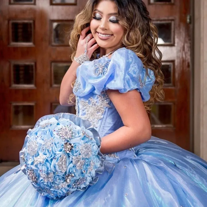 Vestido azul para quinceañeras con hombros descubiertos, sin mangas, para 15 niñas, Vestido de baile con cuentas de encaje, Vestido Formal con lazo, vestidos de graduación personalizados