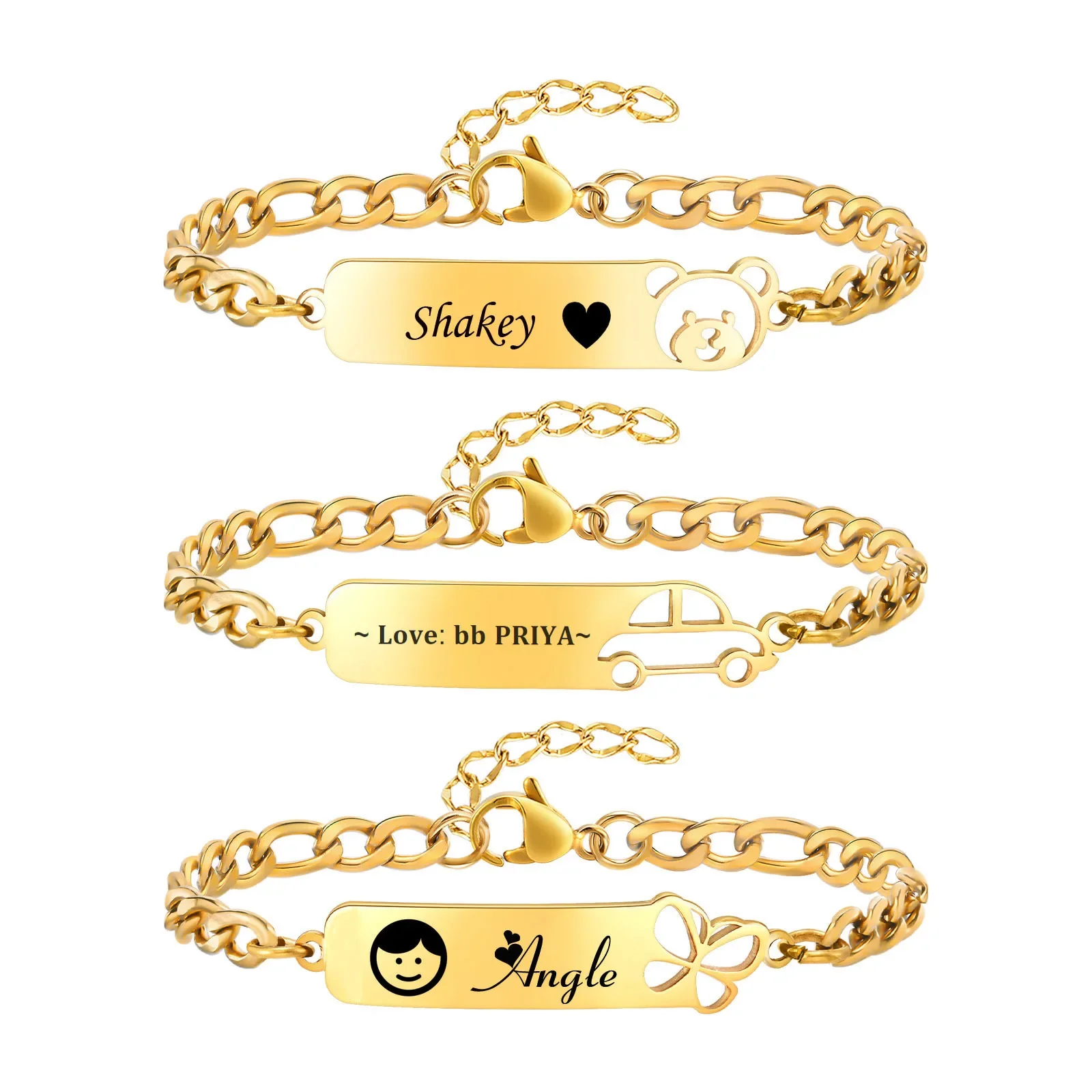 Gold Plated Customzied ID Bracelet Baby Gift, Personalized Figaro Chain Name Bracelets For Kids Newborn Toddler Child Girl Boy