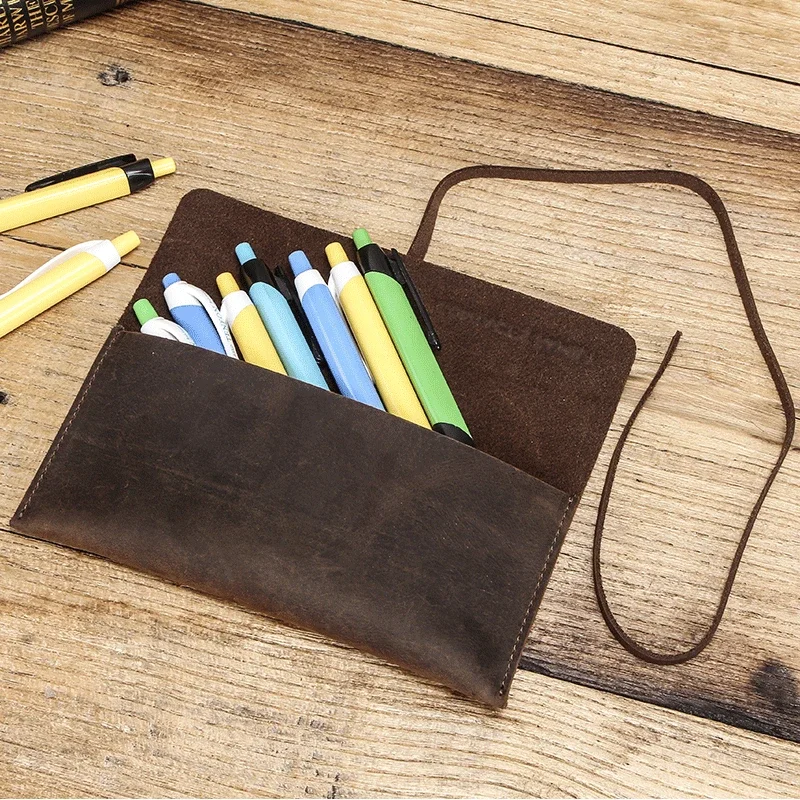 Handmade Vintage Leather Bundled Pen Pencil Case Bag Creative Pen Pouch Holder Large Capacity School Office Supplies Stationery