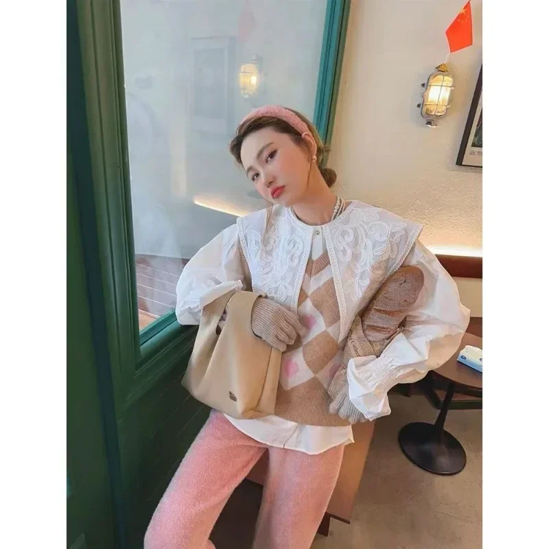 Kimotimo White Shirt Women Korean Chic Embroidery Doll Collar Loose Ladies Tops Autumn Winter Flare Sleeve Fashion Blouse