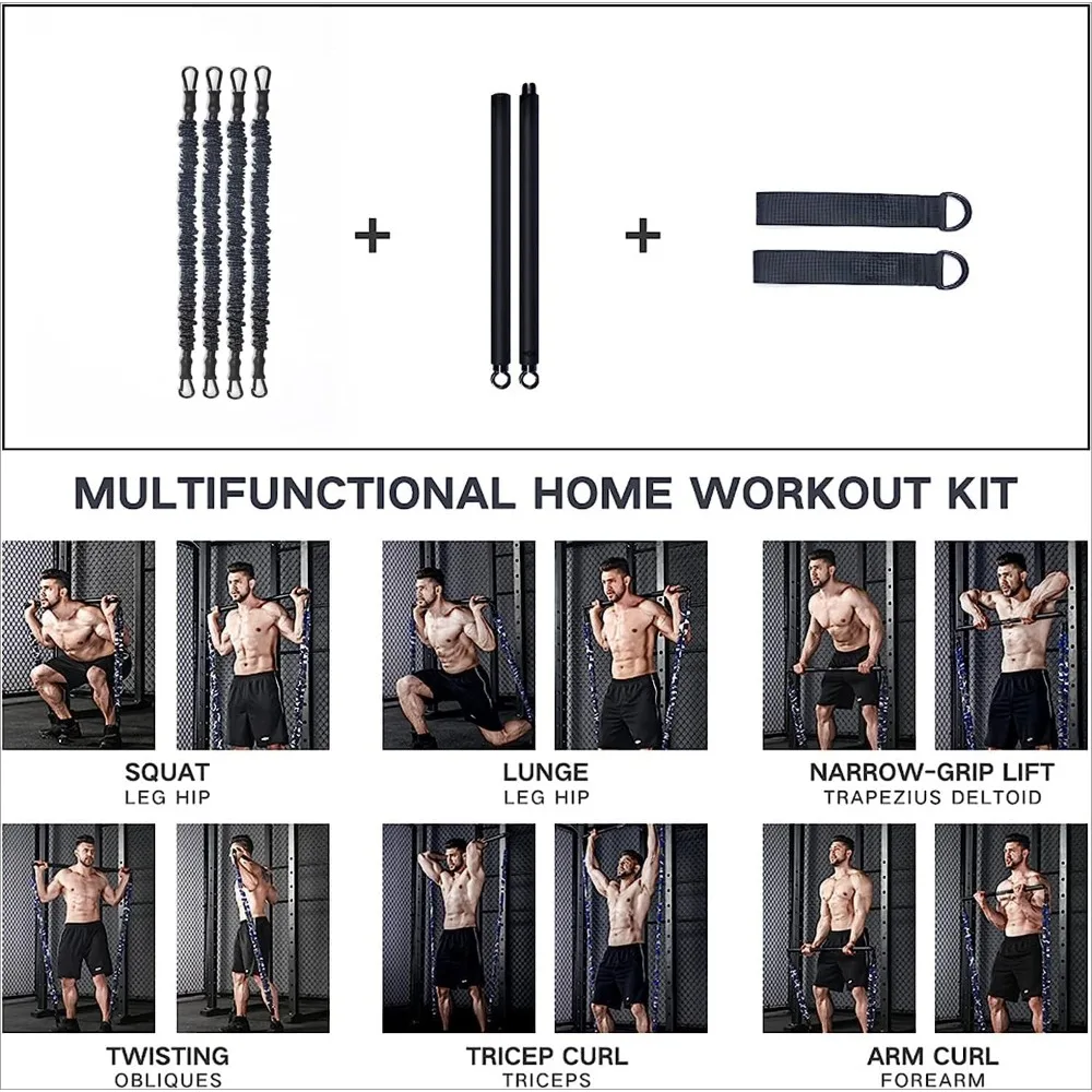 Portable fitness training set, bench press squat resistance bands, gym equipment with gym bars, foot covers, full body workouts