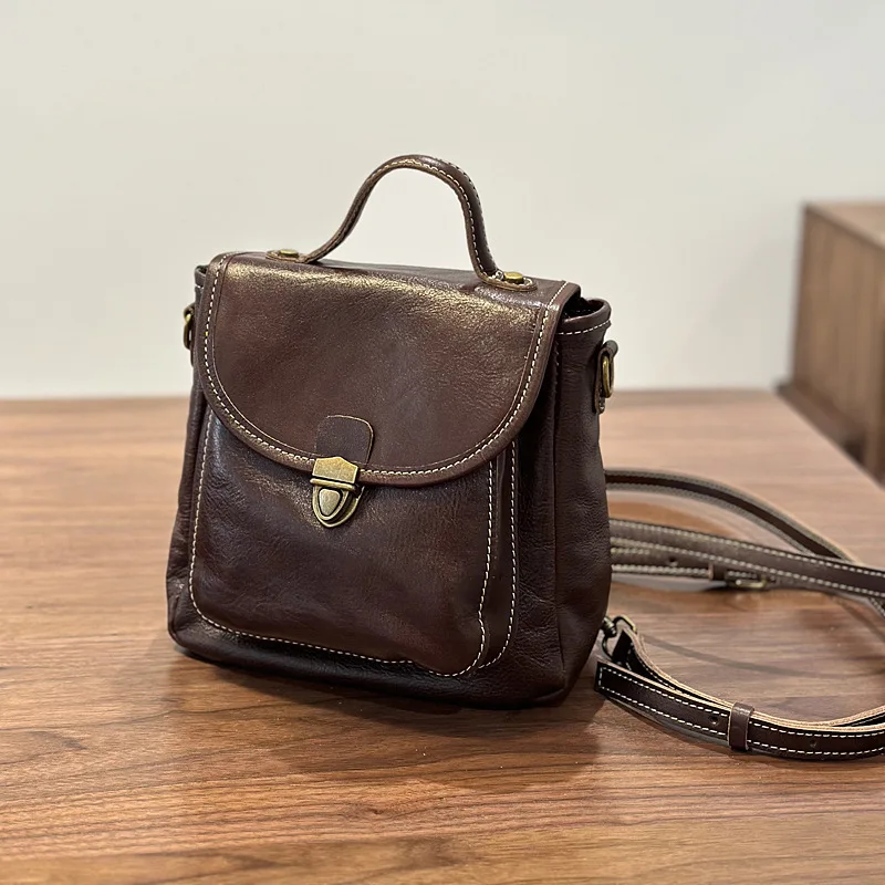 FIRMRANCH Casual Top Layer Vegetable Tanned Cowhide Multifunctional Women's Flip Cover Anti-Theft Backpack Handbag Diagonal Bag