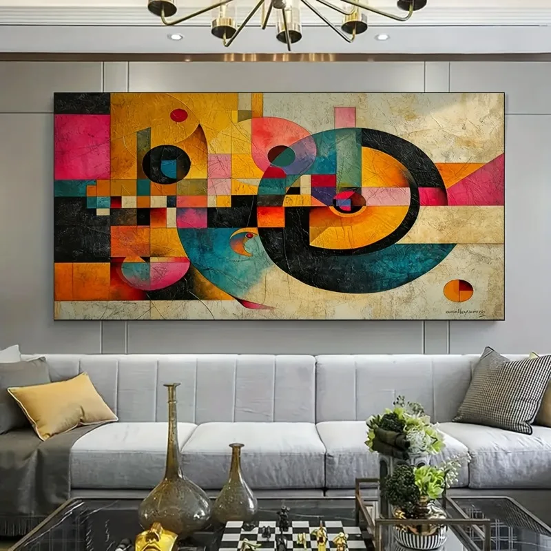 Grande toile d'art abstrait moderne sans cadre, design géométrique vibrant avec thème de pensée en mouvement, décoration murale, art mural sur toile